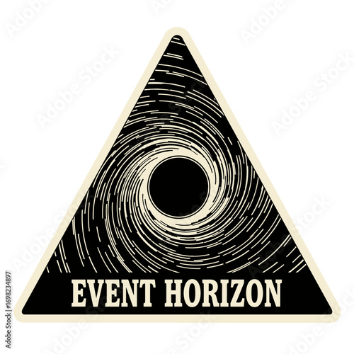 Event Horizon text on a triangular patch design. Abstract illustration of a swirling black hole, vortex, or singularity in space.