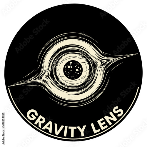 Gravity Lens. Stylized illustration of a celestial body warping spacetime. Abstract space logo or emblem in a circular black and white design.