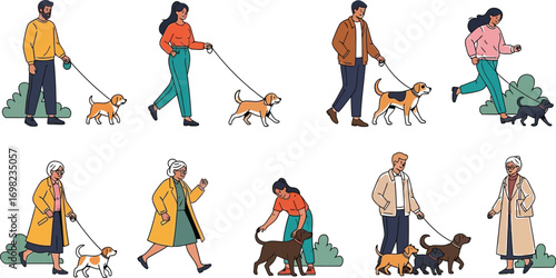 Diverse people enjoying walks with their dogs outdoors, showcasing companionship and activity.