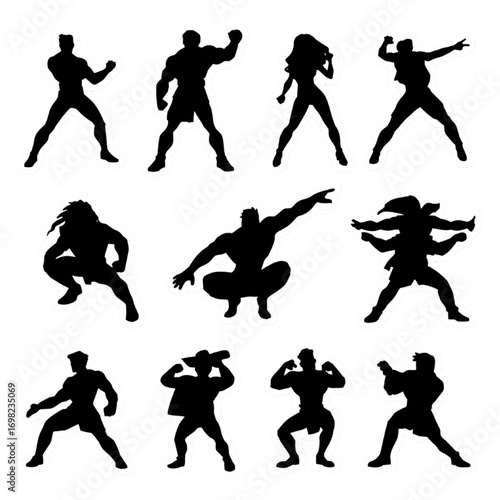 Superhero Poses Silhouettes: Dynamic silhouettes of various superheroes striking powerful poses against a clean backdrop, ready for action and adventure. Capturing strength, agility.Do you want me to 