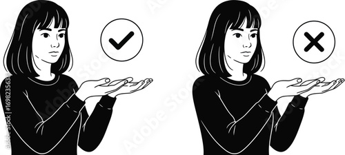 Woman comparing options with positive and negative symbols, making a choice