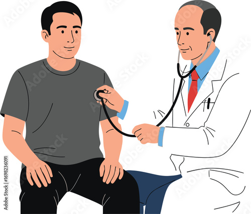Doctor carefully listens to patient's heartbeat with stethoscope during medical examination