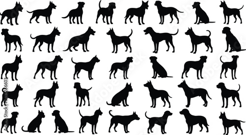 Collection of diverse dog silhouettes showcasing various breeds and poses