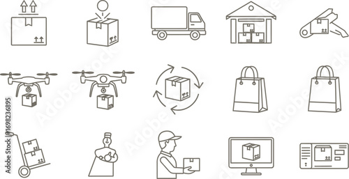 Modern logistics and delivery icons showcasing transportation and package handling