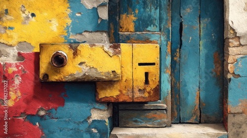 剥がれたペンキと錆の質感が特徴的な鮮やかな黄色、青、赤の古い壁と木製ドア | Close-up of old wall and wooden door with peeling paint and rusty textures, featuring vibrant yellow, blue, and red colors