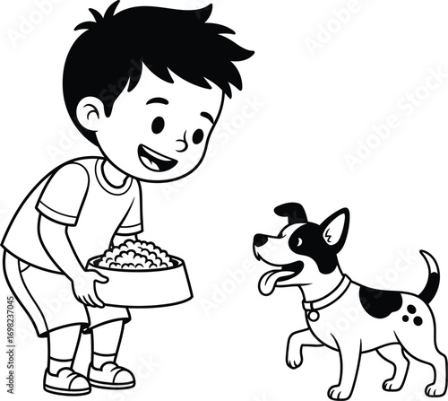 Young boy happily feeds his playful dog a meal outdoors