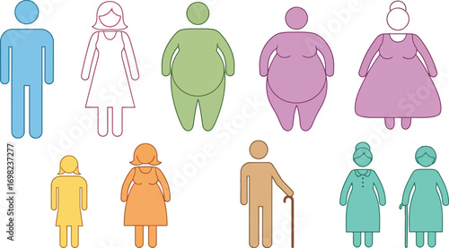 Diverse group of stylized figures representing different body types and ages