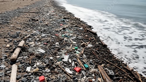 Wallpaper Mural Rocky beach is littered with trash and debris, waves coming in Torontodigital.ca