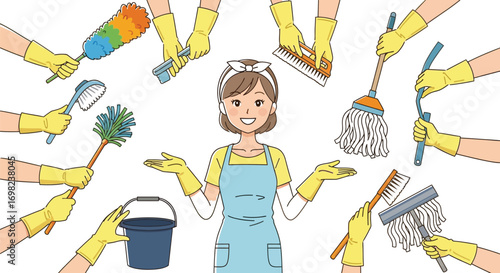 Woman surrounded by many hands offering cleaning supplies, looking capable and ready.