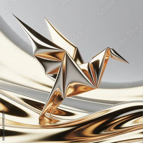 Liquid Metal Origami Bird – Futuristic Conceptual Abstract Illustration
