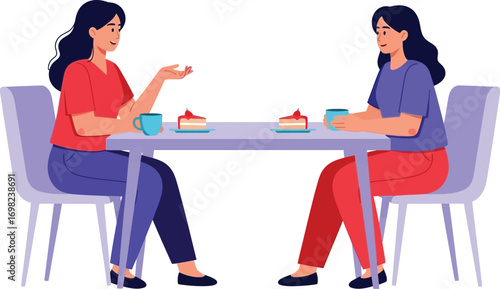 Two women sharing a friendly conversation over coffee and cake at a table.