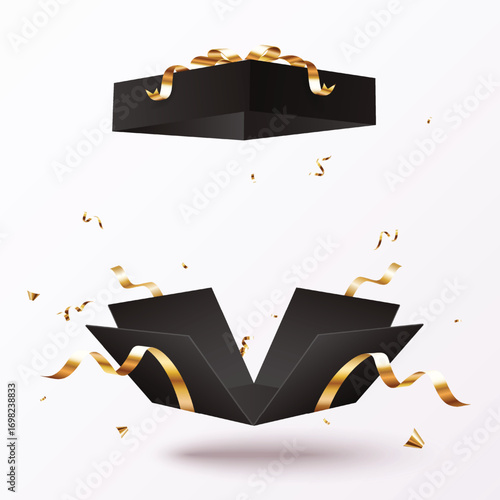 Elegant Opening Black gift boxes with golden confetti and ribbons
