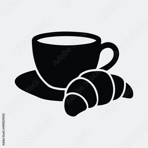 Delicious breakfast with coffee and croissant for morning time Silhouette vector illustration