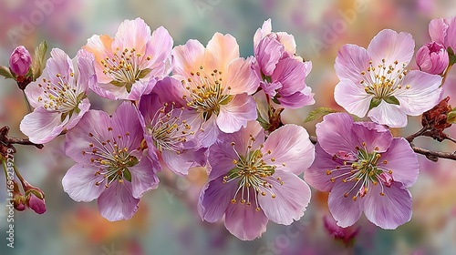  A sharp focus on a bouquet of blooms on a stem, surrounded by a hazy backdrop of various shades of pink and yellow