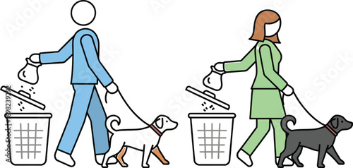 Responsible dog owners cleaning up after their pets in a clean environment.