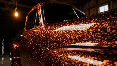 Custom classic pickup truck with sparkling orange metal flake paint job in rustic garage
