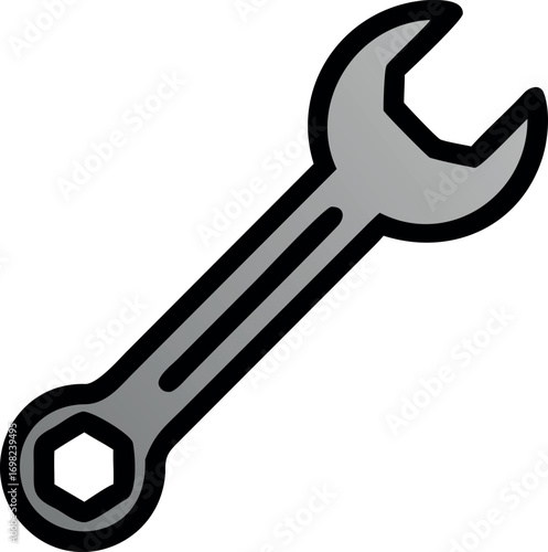 Close-up view of a gray double-ended open-ended wrench with a black outline against a white backdrop representing tools.