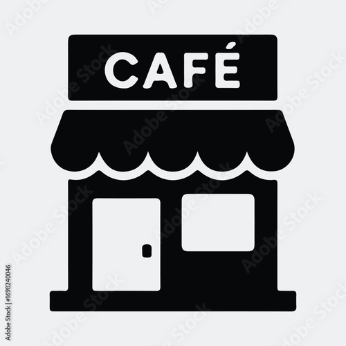 Minimalist cafe facade with awning and signage simple storefront silhouette vector illustration