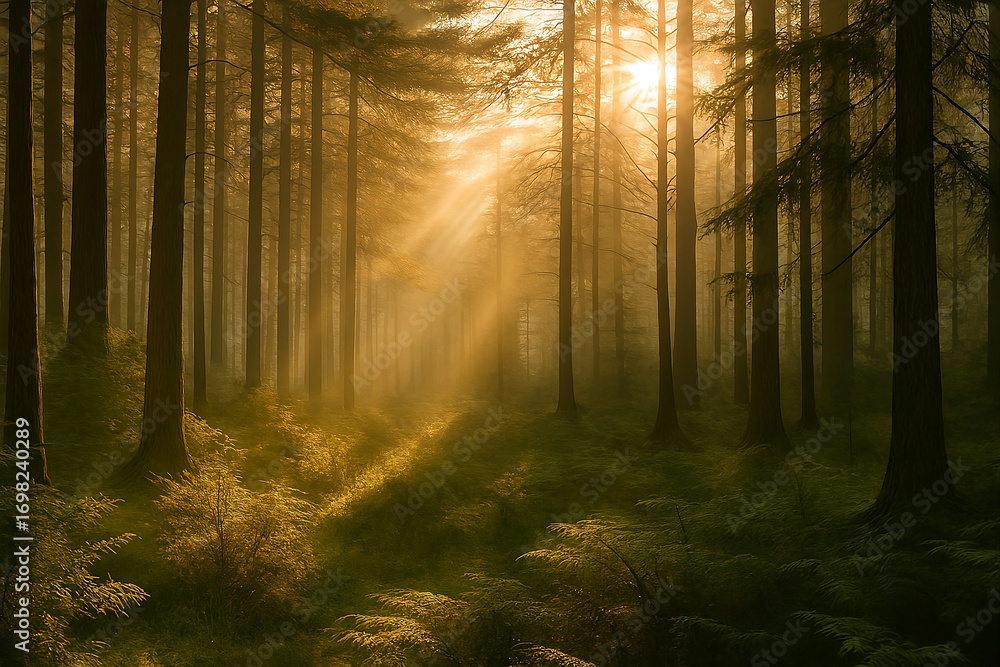 Fototapeta premium Golden sunbeams pierce misty forest, illuminating lush green undergrowth