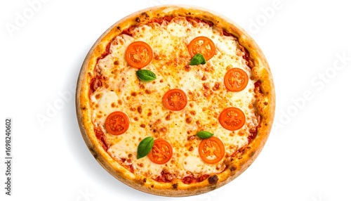Round pizza with tomato slices and basil