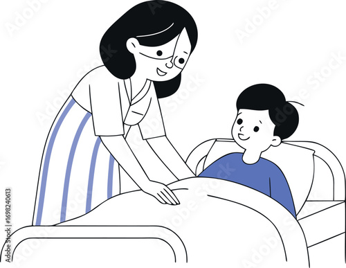 Caring nurse comforts young patient recovering in hospital bed with gentle touch and kind smile providing hope