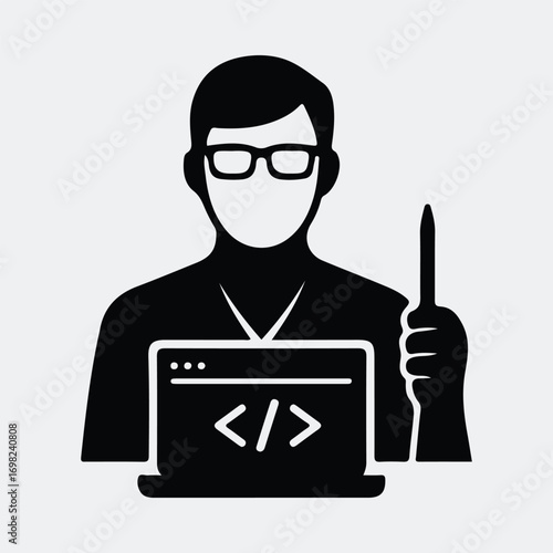 Software developer holding stylus with laptop showing code silhouette vector illustration