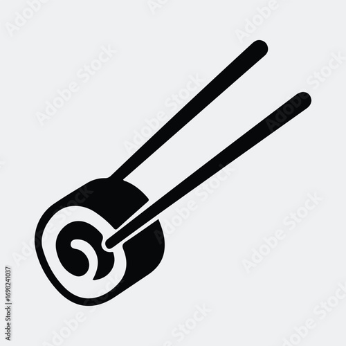 Sushi roll with chopsticks in simple black and white icon Silhouette vector illustration