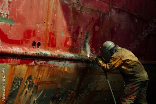 Welder repairing ship hull with welding torch in dry dock