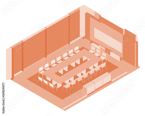 Isometric meeting room with symmetrical tables and chairs, divided into two sections. The top area is larger than the bottom section.