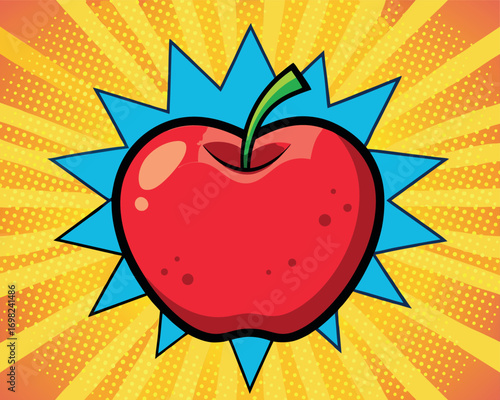 Vector art of a red apple character with a superhero starburst background