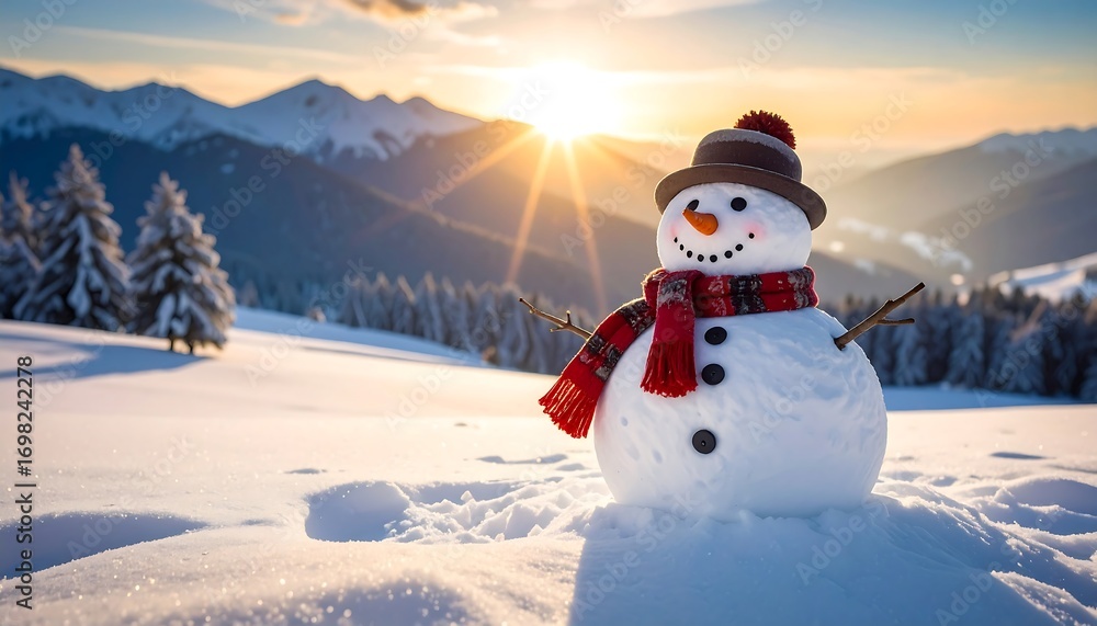Obraz premium Snowman in snowy mountains at sunrise
