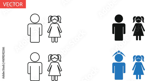 Simple icons of a man and a girl in outline, solid, and colored styles