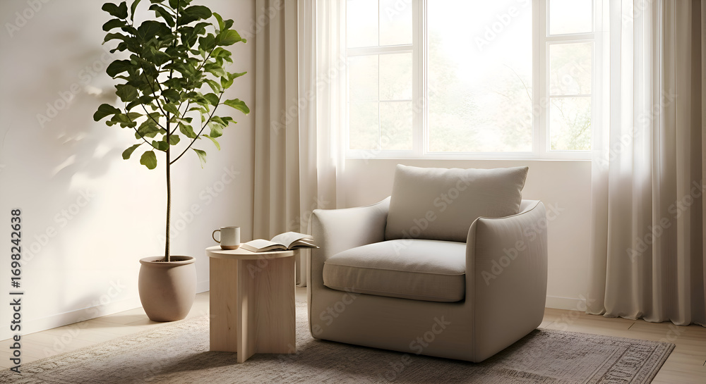 Fototapeta premium Modern Living Room Interior with Armchair and Potted Plant
