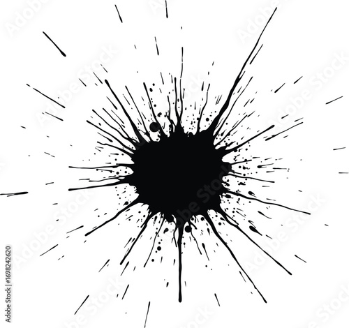 Dynamic black ink splatter with radiating streaks on a white background