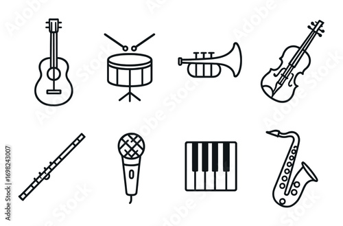 Musical instruments icons set: guitar, drums, trumpet, violin, flute, microphone, piano, saxophone