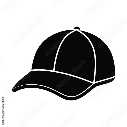 Black baseball cap silhouette icon, a classic piece of headwear symbolizing casual style and sporty appeal, perfect for graphic design and fashion concepts