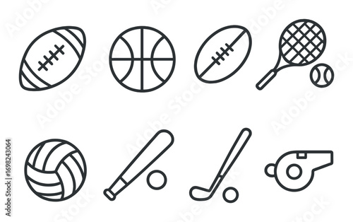 Outline of eight popular sports equipment: football, basketball, tennis, volleyball, baseball, hockey, whistle