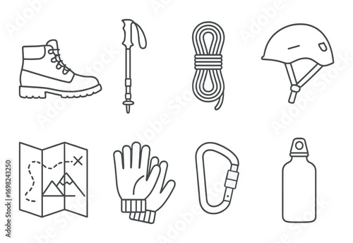 Essential climbing gear icons: boots, ice axe, rope, helmet, map, gloves, carabiner, water bottle