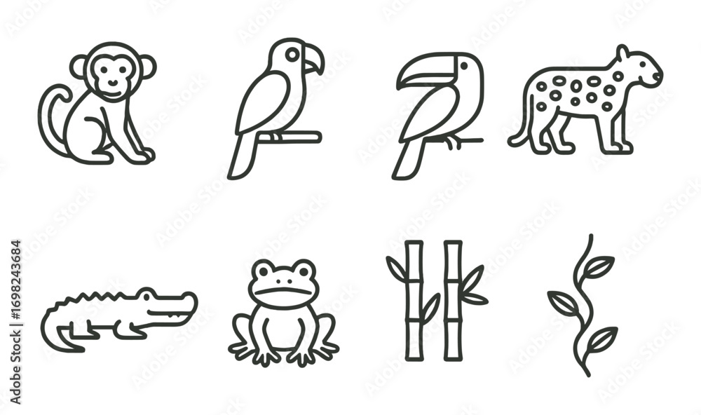 Obraz premium Set of stylized jungle animal and plant icons featuring monkey, toucan, cheetah, and bamboo