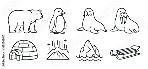 Arctic animals and symbols: bear, penguin, seal, walrus, igloo, mountain, iceberg, sled