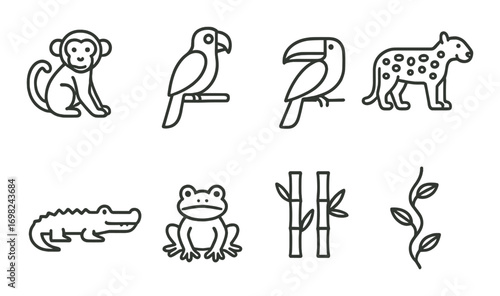 Set of stylized jungle animal and plant icons featuring monkey, toucan, cheetah, and bamboo