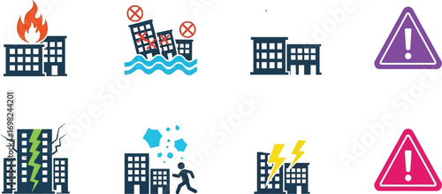 Set of icons depicting building safety and disaster warnings