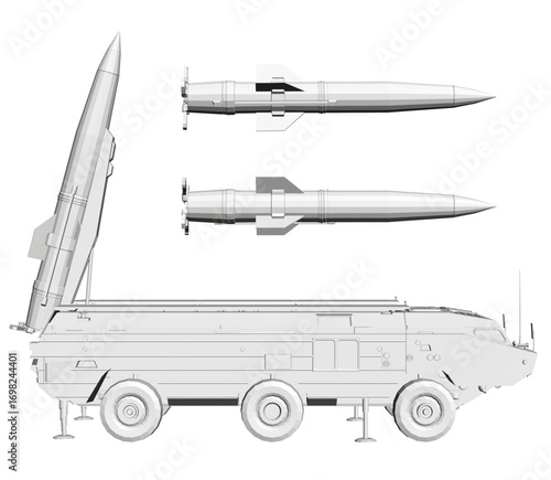 Polygonal military vehicle with missile launcher on top, set against a clean white background. The armored personnel carrier features a sleek modern design and cylindrical body.