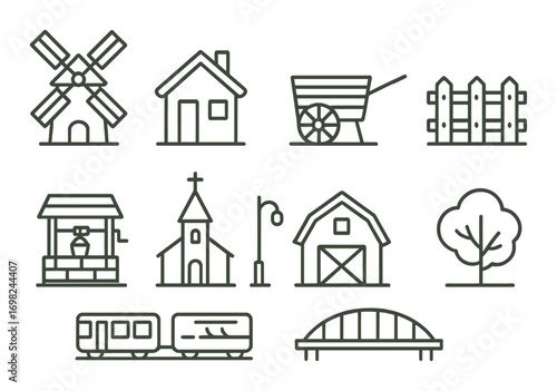 Outlined farm and village icons set featuring windmill, house, barn, and more