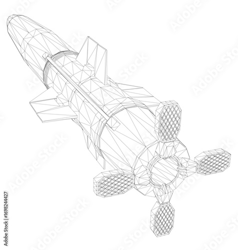 Military rocket wireframe model in 3D, realistic design on white background, detailed structure.