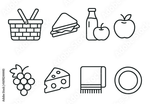 Outline icons of picnic essentials: basket, sandwich, drink, fruits, cheese, blanket, plate