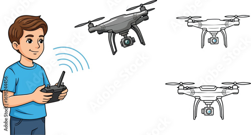 Young boy happily controlling a drone with a remote, exploring the sky with aerial technology.