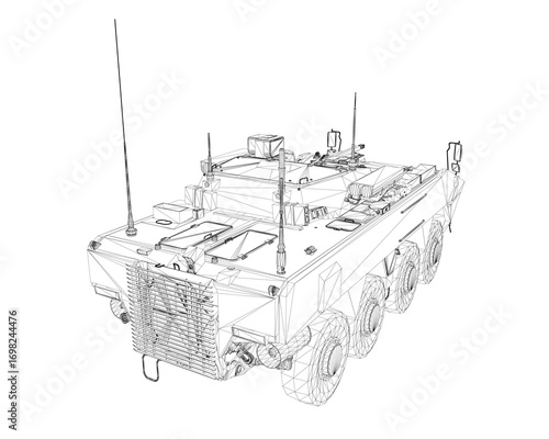 Armored personnel carrier wireframe model on white background, featuring detailed headlights, grille, and wheels.