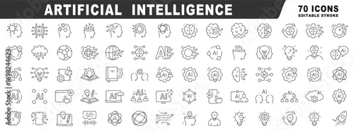 Artificial intelligence outline icons: AI neural brain, data algorithms, generative automation, cloud networks, circuits, collaboration, devices—clean technology vector, editable stroke