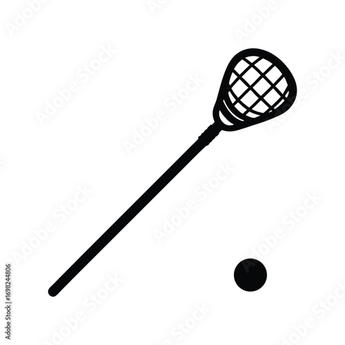 Modern black silhouette icon of a lacrosse stick and ball. A simple vector graphic representing team sports equipment for athletic games and competition. Isolated element from a creative design bundle